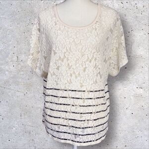 Sundance Womens Striped Lace Top Floral Beige Black Short Sleeve Large